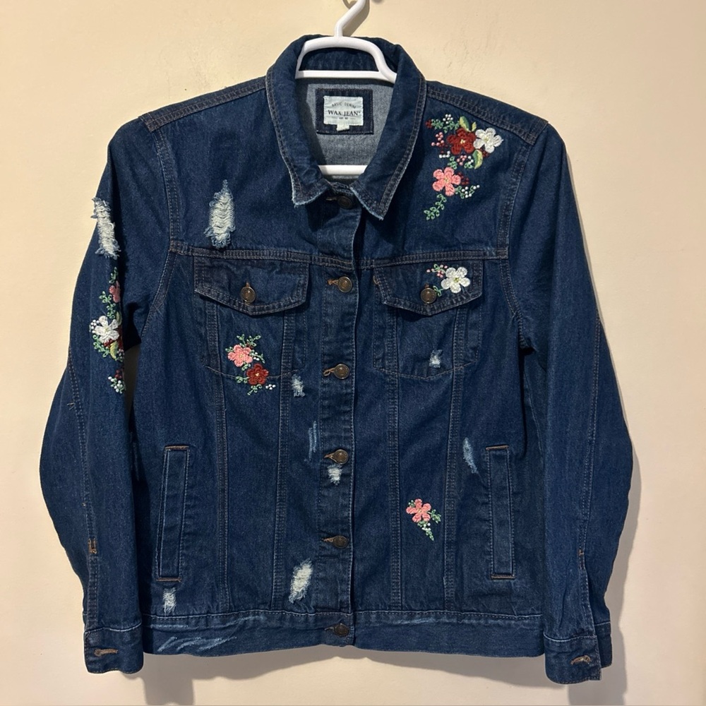 Wax Jean Denim Jacket Women’s Medium Blue 90’s Embroidered Trucker Casual Floral